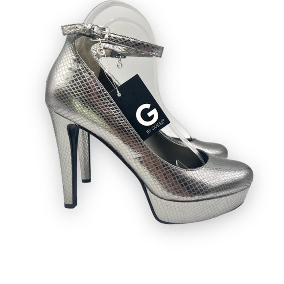 Guess Shoes - Guess Women's Silver Faux Vegan Leather Snakeskin Print Platform Heels Pumps 8.5